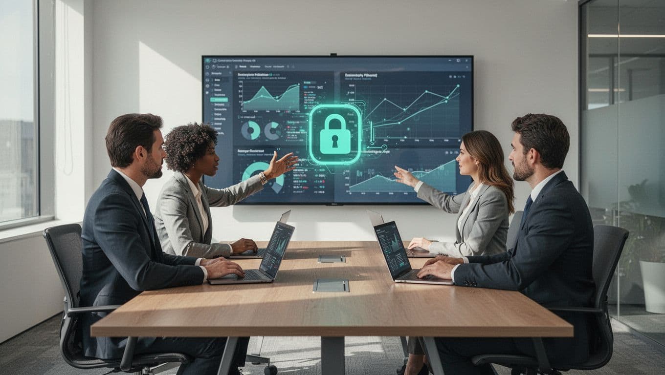 Three people in conference room review deal data on shared screen and laptops; one points to secure lock icon.
