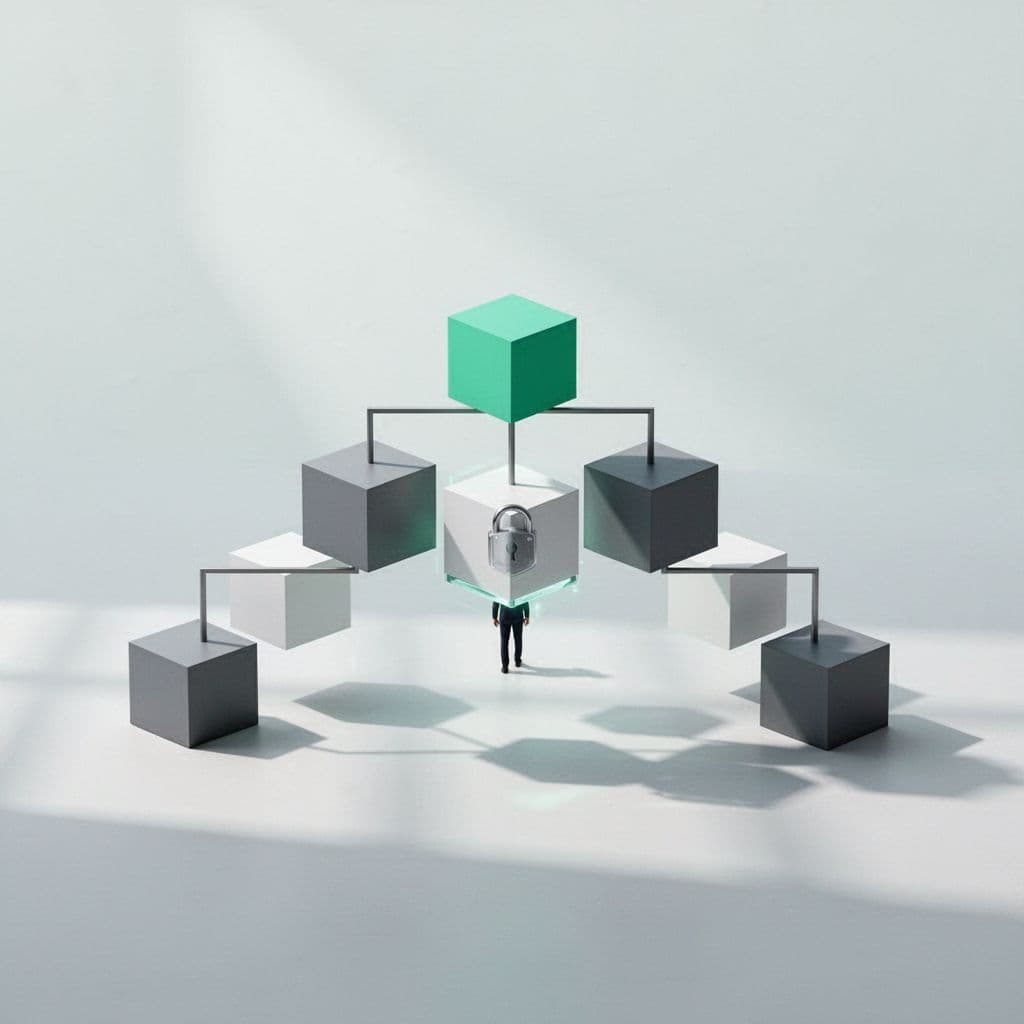 A modern illustration showing organized geometric team layers with a single figure positioned in the distance.