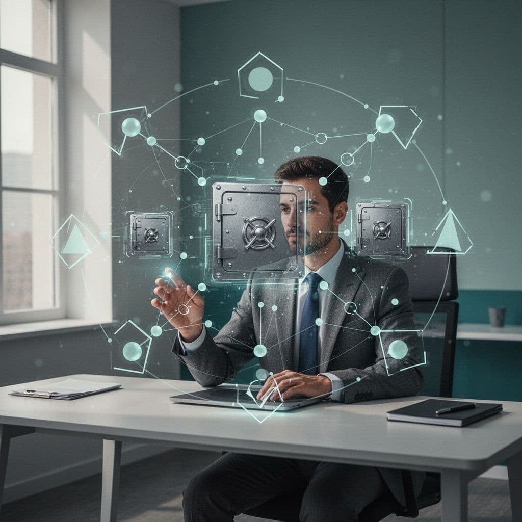 A professional interacts with abstract network nodes and secure vault icons in minimal style.