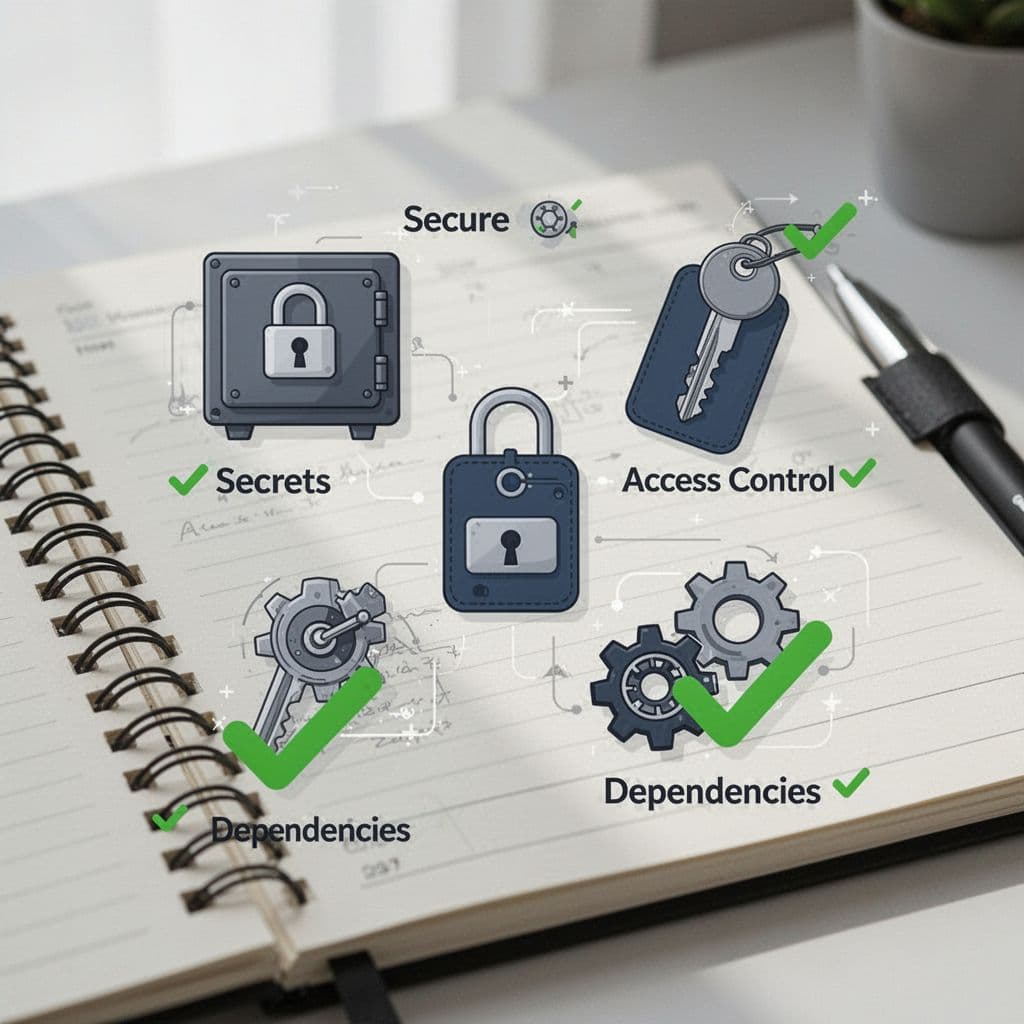 Notepad with icons for secrets, access control, dependencies and green checkmarks on light background.