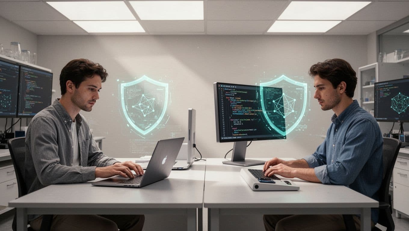 Two developers in lab: one at laptop with data, another reviews code, shields protect datasets and models.
