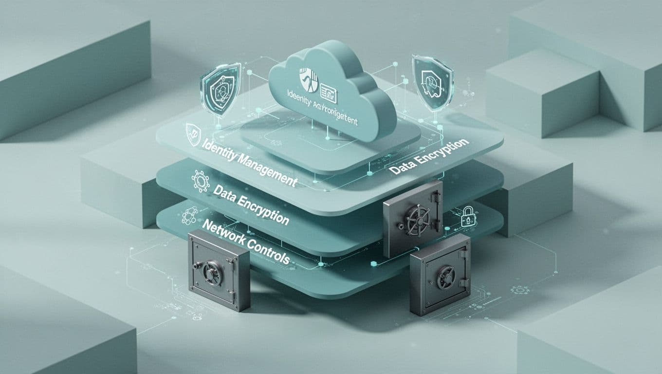 Isometric layered diagram of secure cloud architecture for banking with identity management, encryption, network controls, and vault icons.