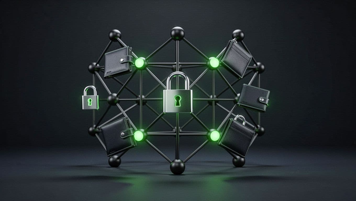 Blockchain network illustration shows secure locks on smart contracts and wallets, with safely connected nodes and green accents on protected areas.