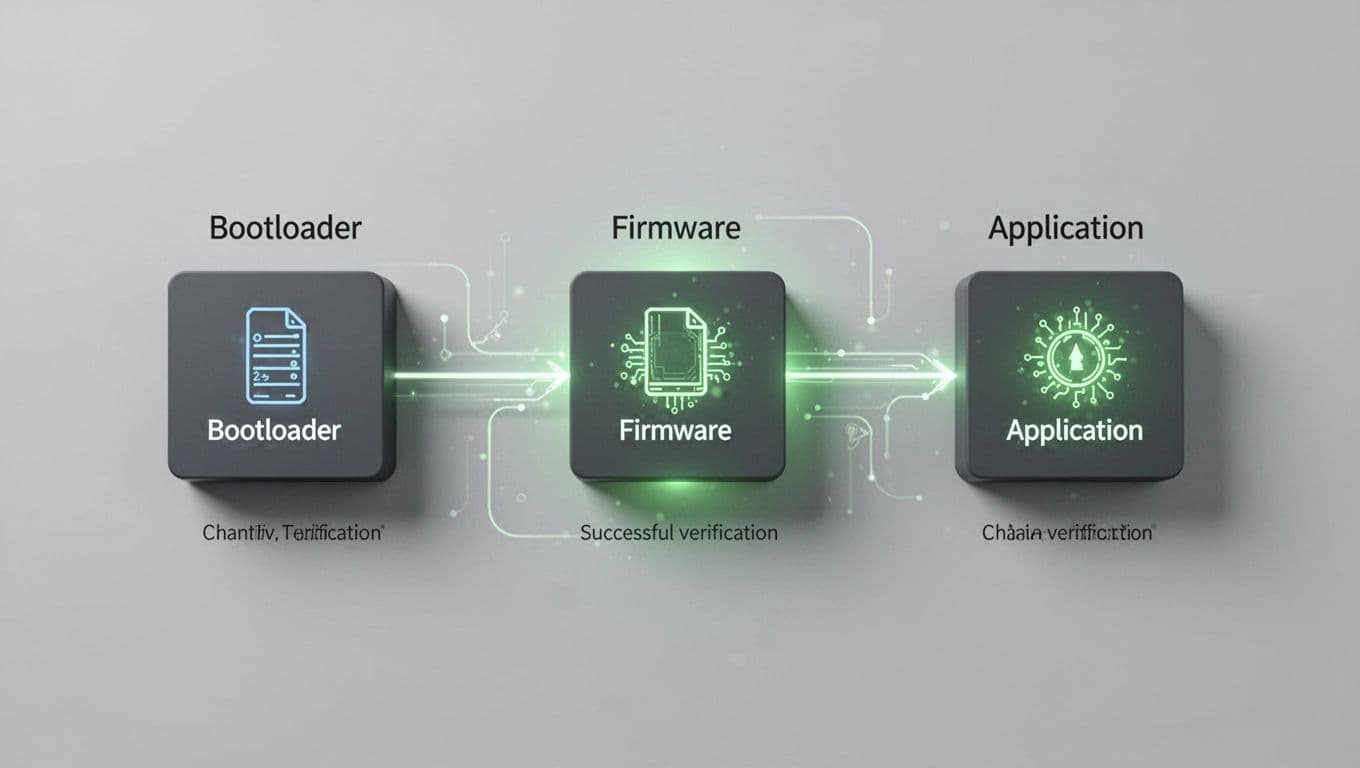 Horizontal three-stage illustration of secure boot process from bootloader to app, with key signing and verification icons, green success indicators on neutral background.