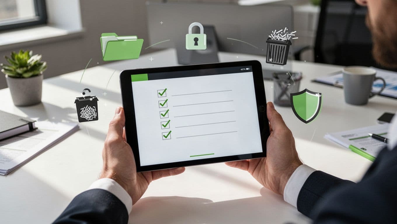 Professional in office desk holds tablet with digital checklist surrounded by security icons like folders, locks, shredder, and shields.