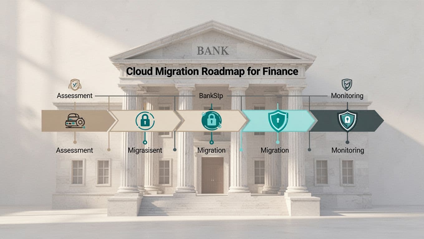 Centered flowchart shows phased steps from assessment to monitoring on timeline with locks, shields, and bank background.
