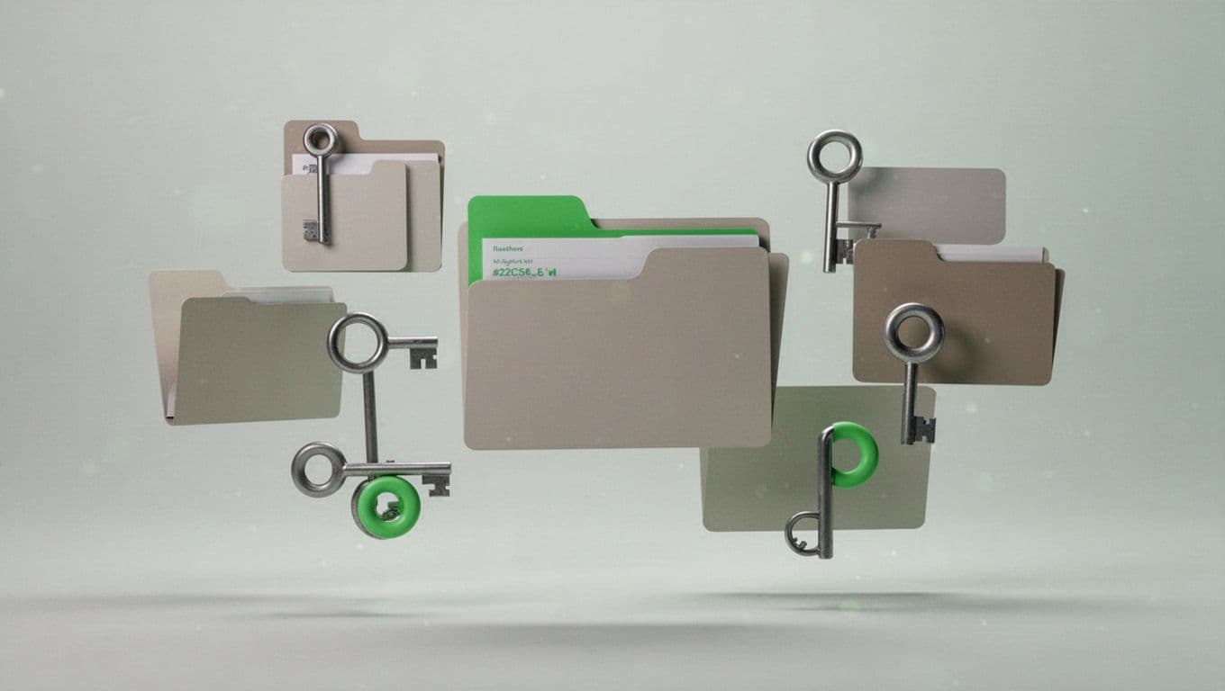 Abstract folders and key icons represent secure organization and access control within a code repository.
