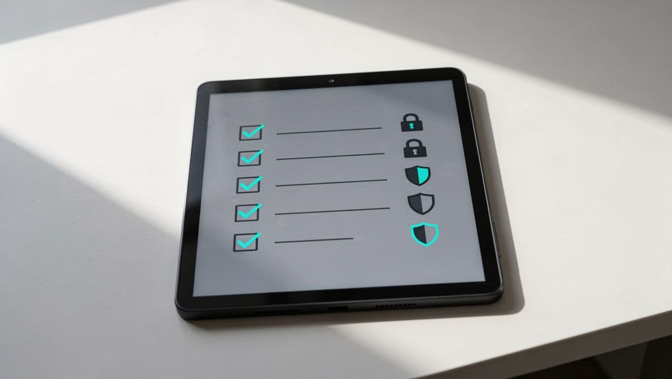 Digital notepad on plain desk shows checklist with green checkmarks and security lock, shield icons.