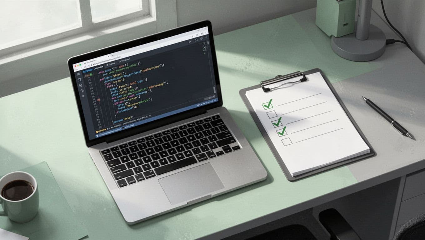 Digital notepad shows secure code review checklist with green ticks next to laptop displaying pull request.