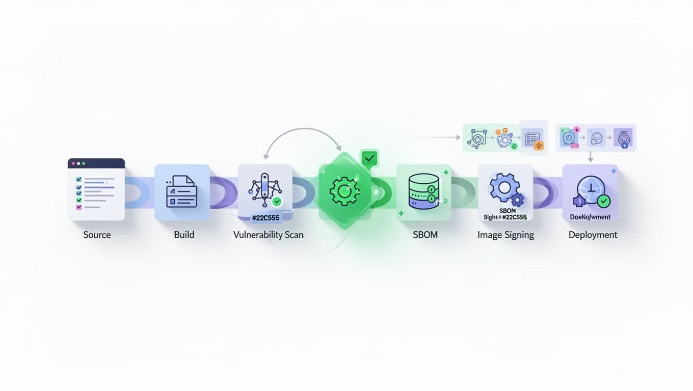 Chain diagram from source code to signed image with SBOM, scanner checking vulnerabilities using code, build, scan, deploy icons.