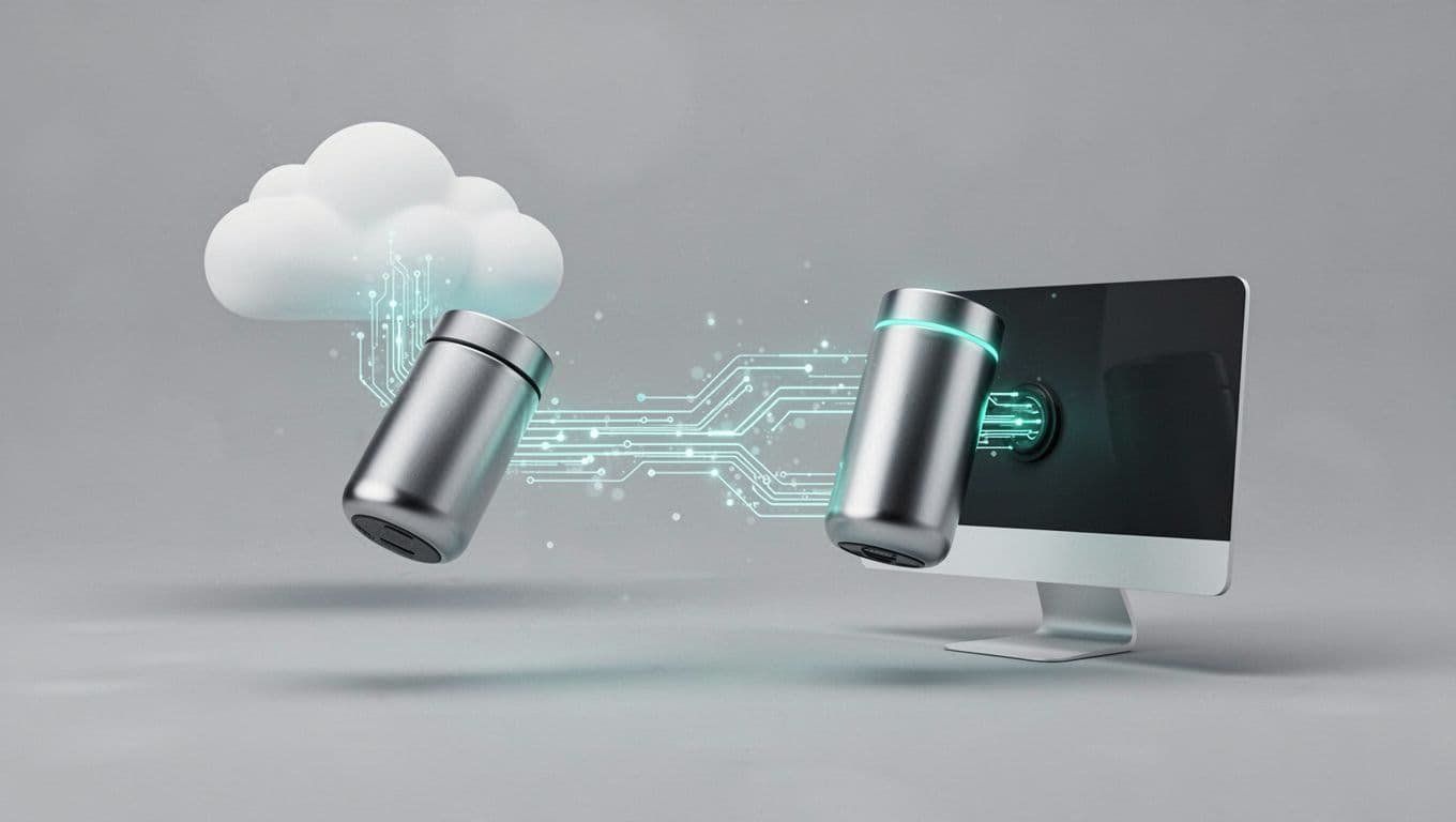 A clean illustration shows data nodes connecting a cloud icon to a personal computer.