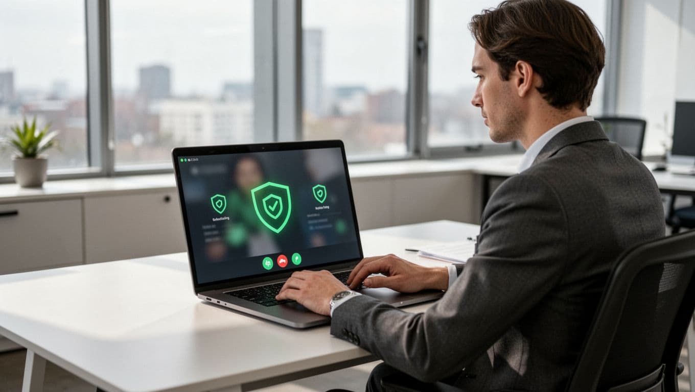 Customer success manager at desk grants temporary secure access to demo environment on laptop during video call with client avatar.