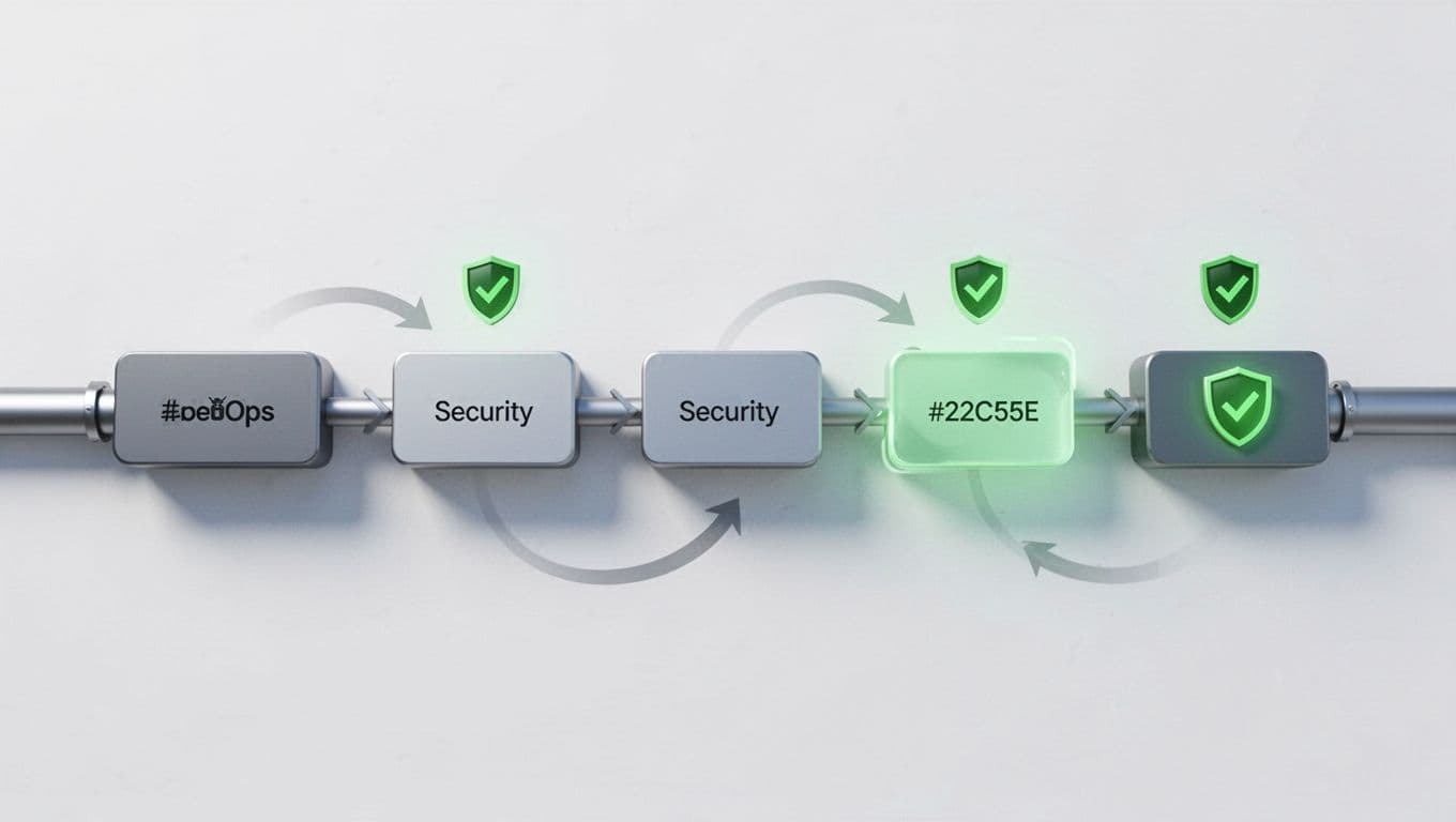 Flowchart shows DevOps pipeline from code commit to monitoring with security checkpoints like secret scan and vuln scan.