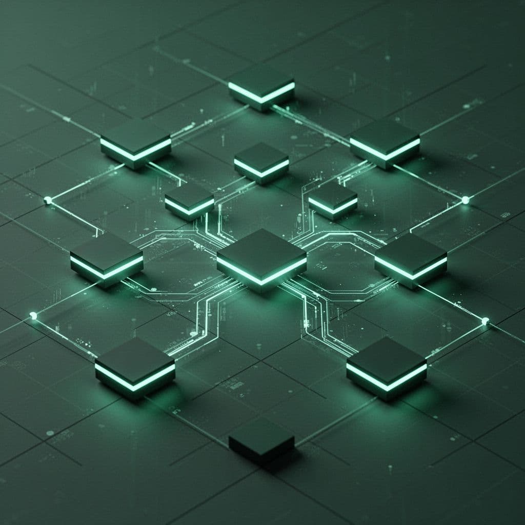 Glowing geometric nodes at grid edges connect via faint secure pathways.
