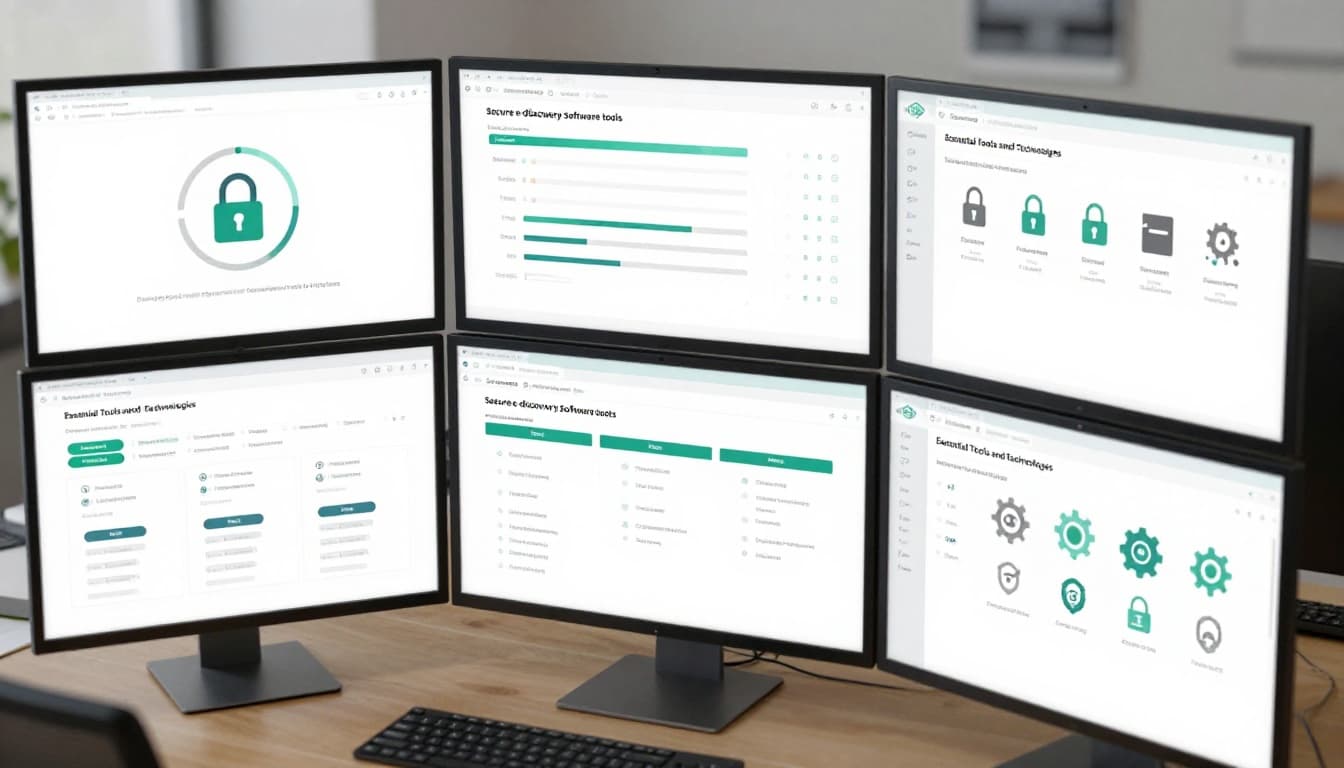 Multiple angled monitors on a desk display dashboard with symbolic analytics charts, encryption locks, access panels, and file gears accented in green.