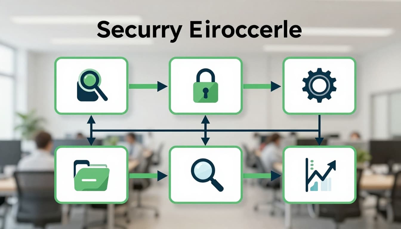 Horizontal flowchart of e-discovery stages with search, lock, folder, gear, magnifying glass, export, and chart icons connected by green arrows on office background.
