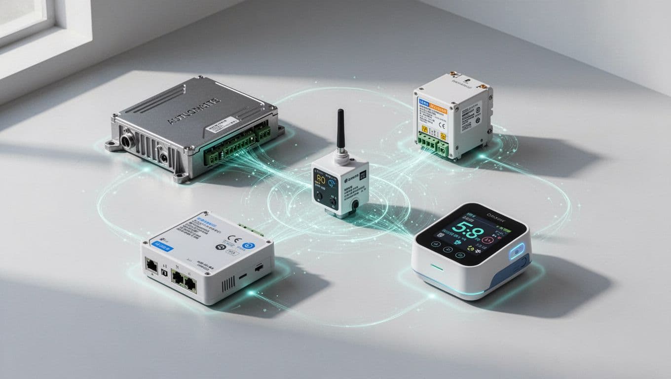 Isometric view of four edge devices: automotive ECU, warehouse IoT sensor, medical device connected via secure channels with green trust anchors.