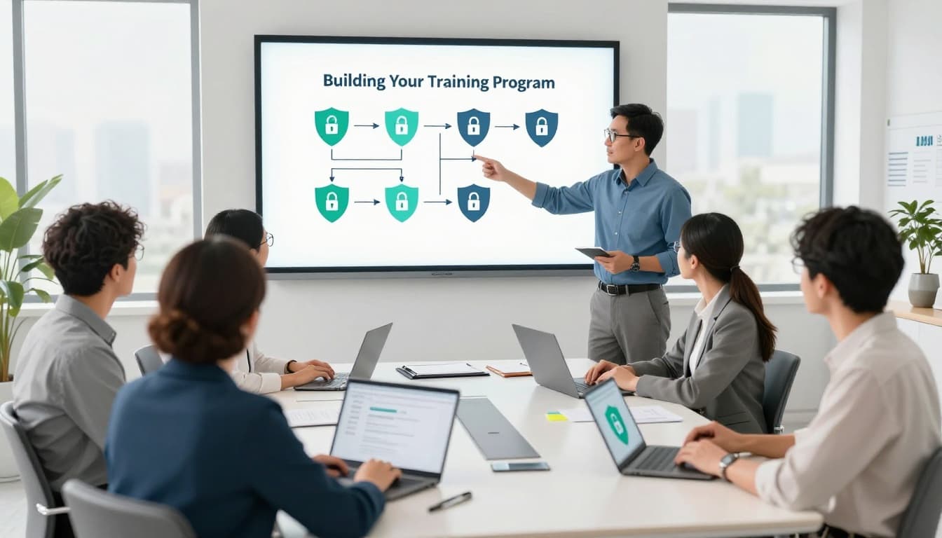 Five professionals seated at conference table, trainer points to wall flowchart, laptops and notebooks present, secure shield icons visible.