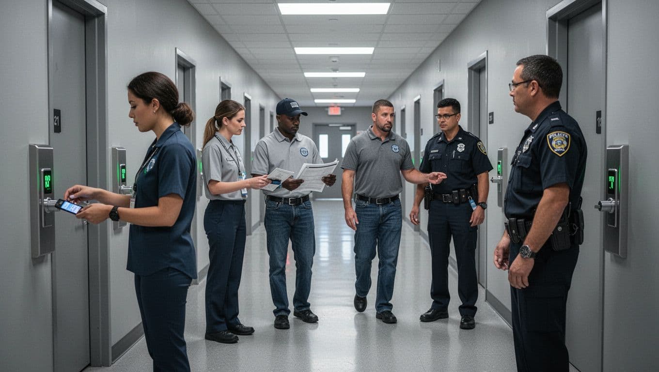 Illustration shows employee ID check at access point, delivery manifest verification, and escorted contractor in bright hallway.