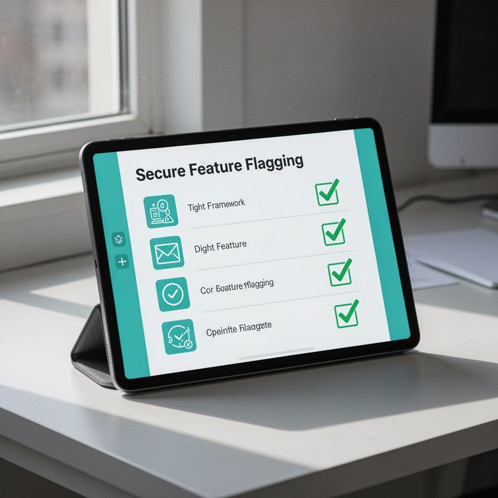 Digital notepad shows checklist titled 'Secure Flags' with green checks for policy, workflow, and audit.