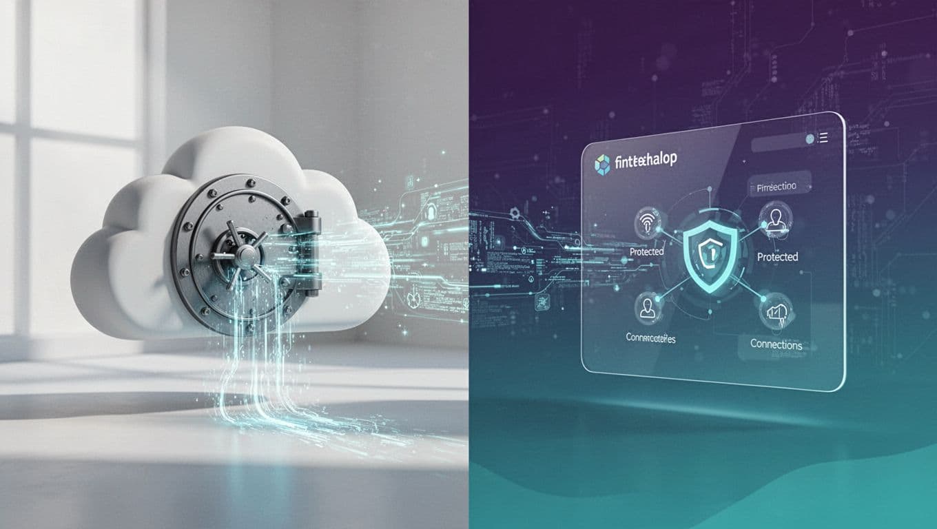 Split illustration shows bank vault in cloud, secured insurer data flows, and protected fintech app.