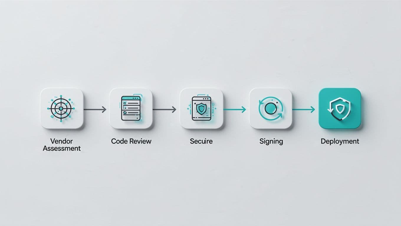Flowchart diagram with clean shapes connected by arrows showing vendor assessment, code review, signing, and deployment stages on light background with green accents.