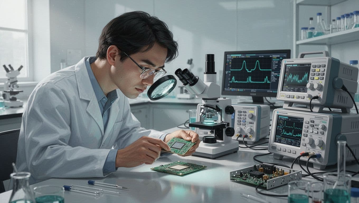 Hardware engineer examines microchip under magnification at workstation with oscilloscope and logic analyzer in clean lab.