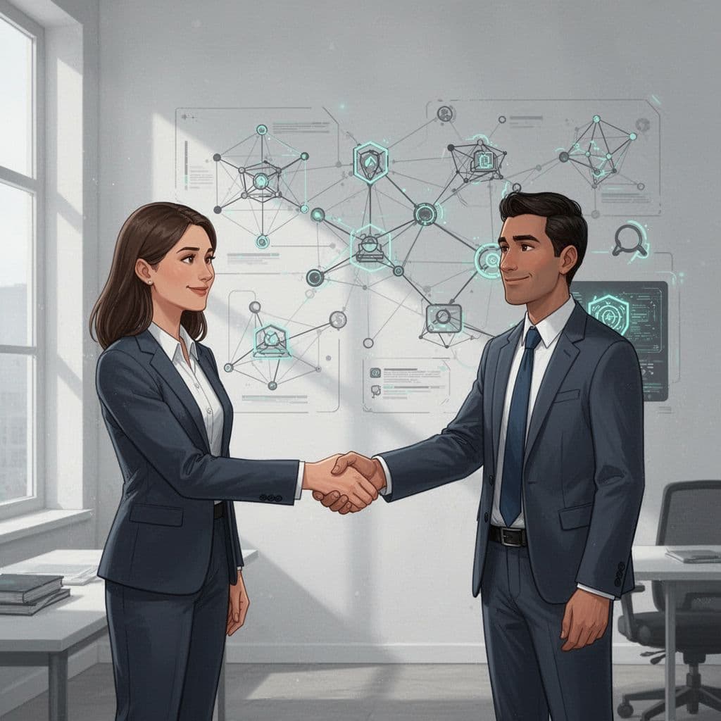 Hiring manager and network forensics consultant shake hands in office with network diagrams on wall behind.
