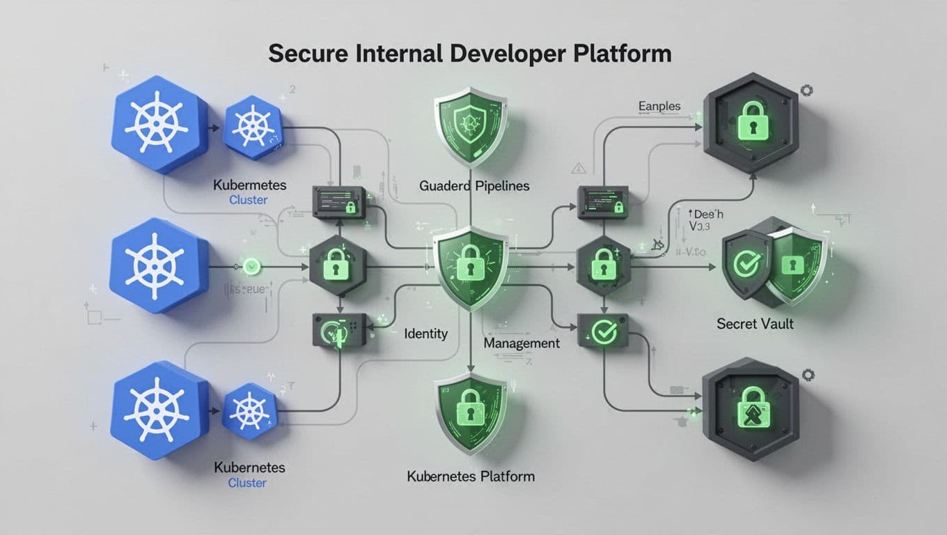 Abstract diagram shows Kubernetes clusters with guardrails, CI/CD pipelines with checks, IAM and secrets icons linked by flows, green accents on shields and locks.