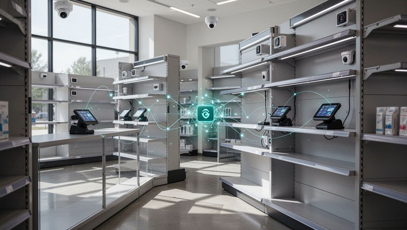 Side-view illustration of retail store interior with shelves sensors, POS, cameras connected to glowing green security hub.