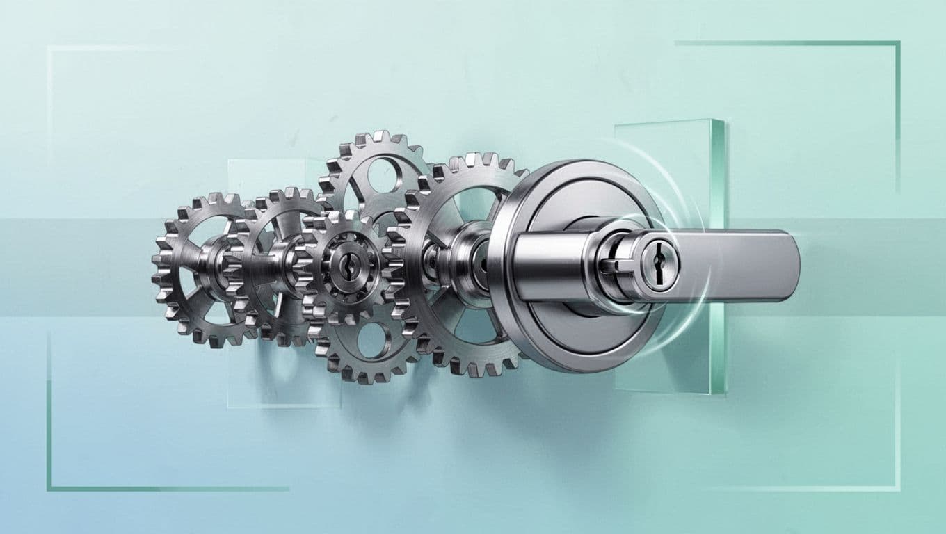 Stylized gears and secure lock icons rotate in sequence on soft blue background with green accents.