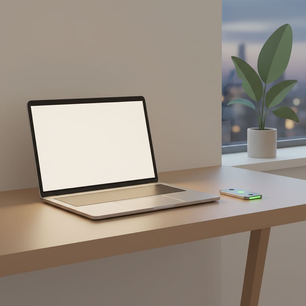 An open laptop sits on a clean hotel desk with a security keycard placed beside it.
