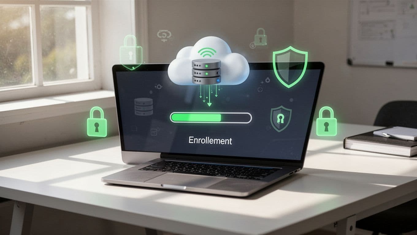 Laptop on clean desk connects to cloud MDM server with floating lock and shield icons; screen shows enrollment progress bar.