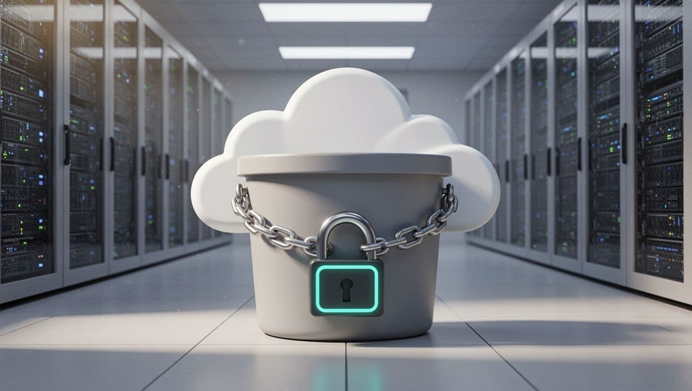 Locked cloud storage bucket with chain and green padlock centered before subtle server racks.