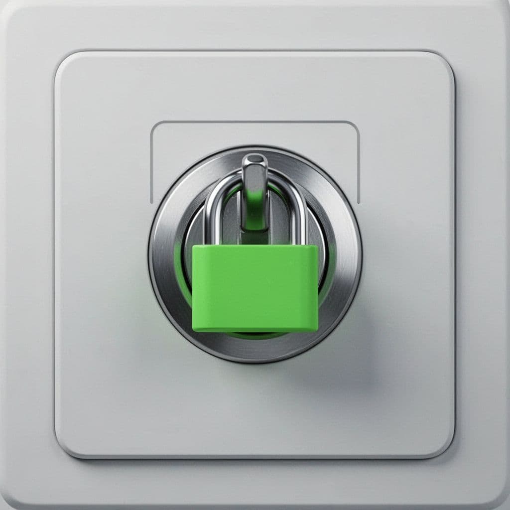 A toggle switch on a control panel locked with a green padlock icon.