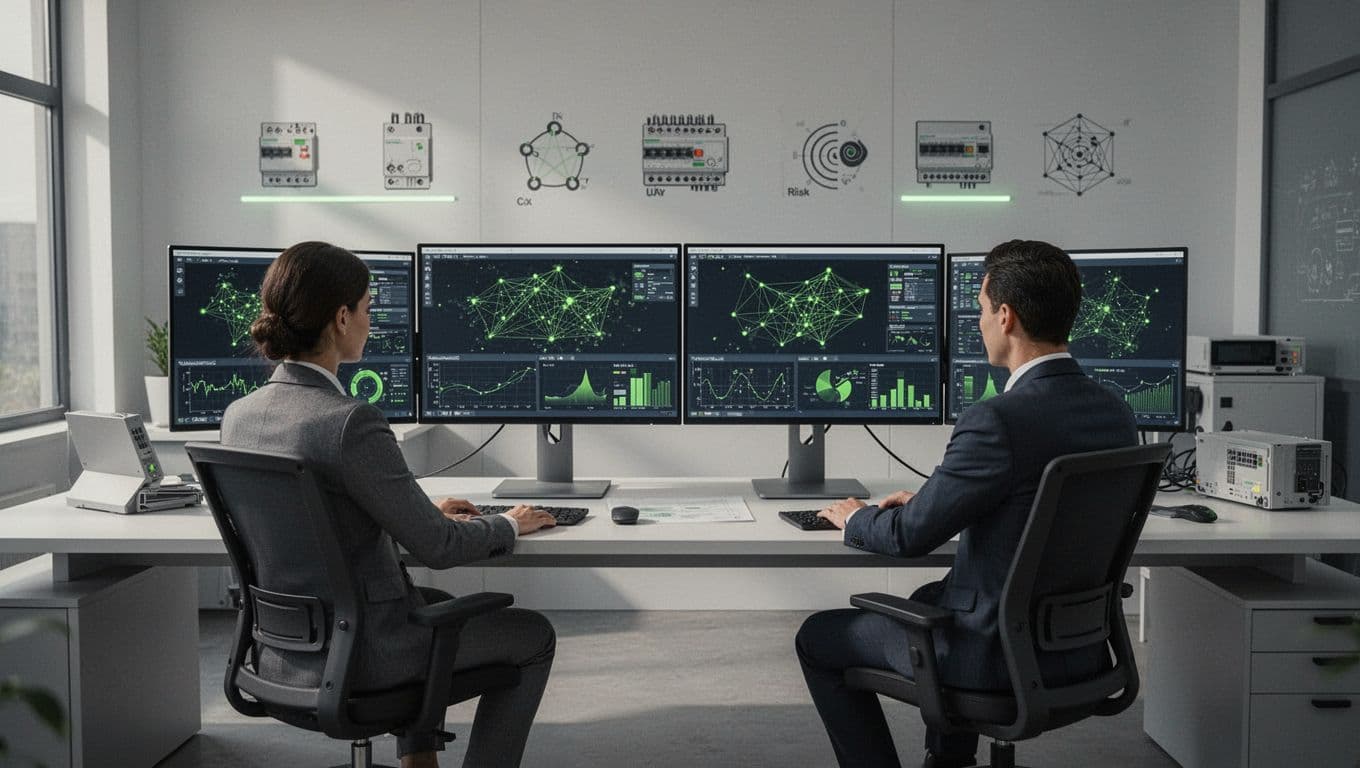 Two professionals at desks review dashboards showing OT network maps and risk scores with green screen highlights.