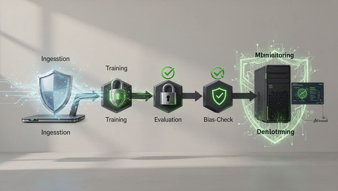 Horizontal flow diagram from data sources through ingestion shield, training lock, bias check, to firewall-guarded deployment.