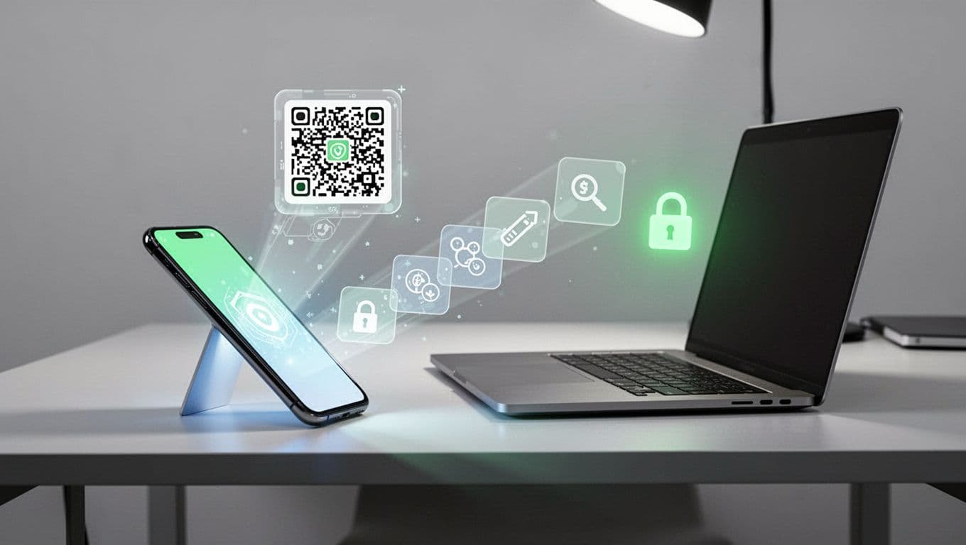 Phone scans QR code with policy icons flowing in and secure lock applying, laptop nearby in side view.