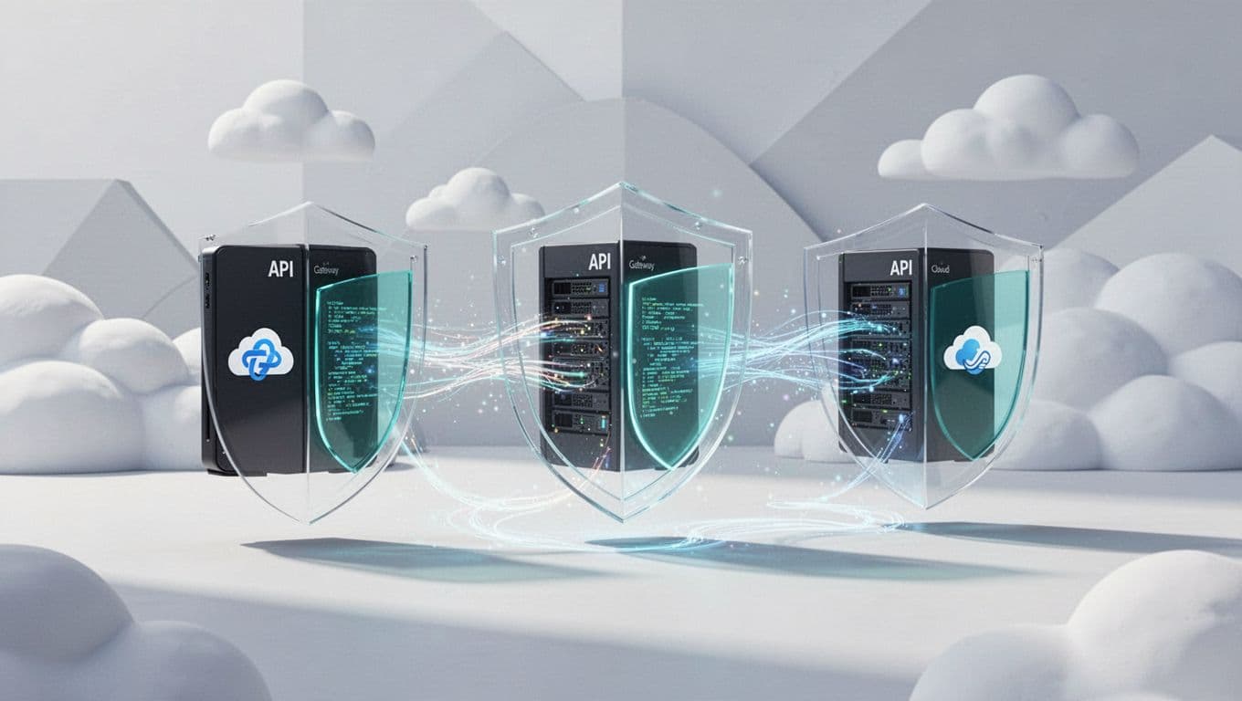 Interconnected API gateways in AWS, Azure, and GCP environments with security shields protecting data flows.