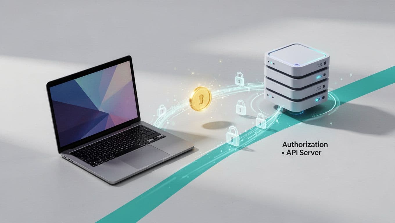 Laptop exchanges token with authorization server then accesses API server via padlocked encrypted channels.