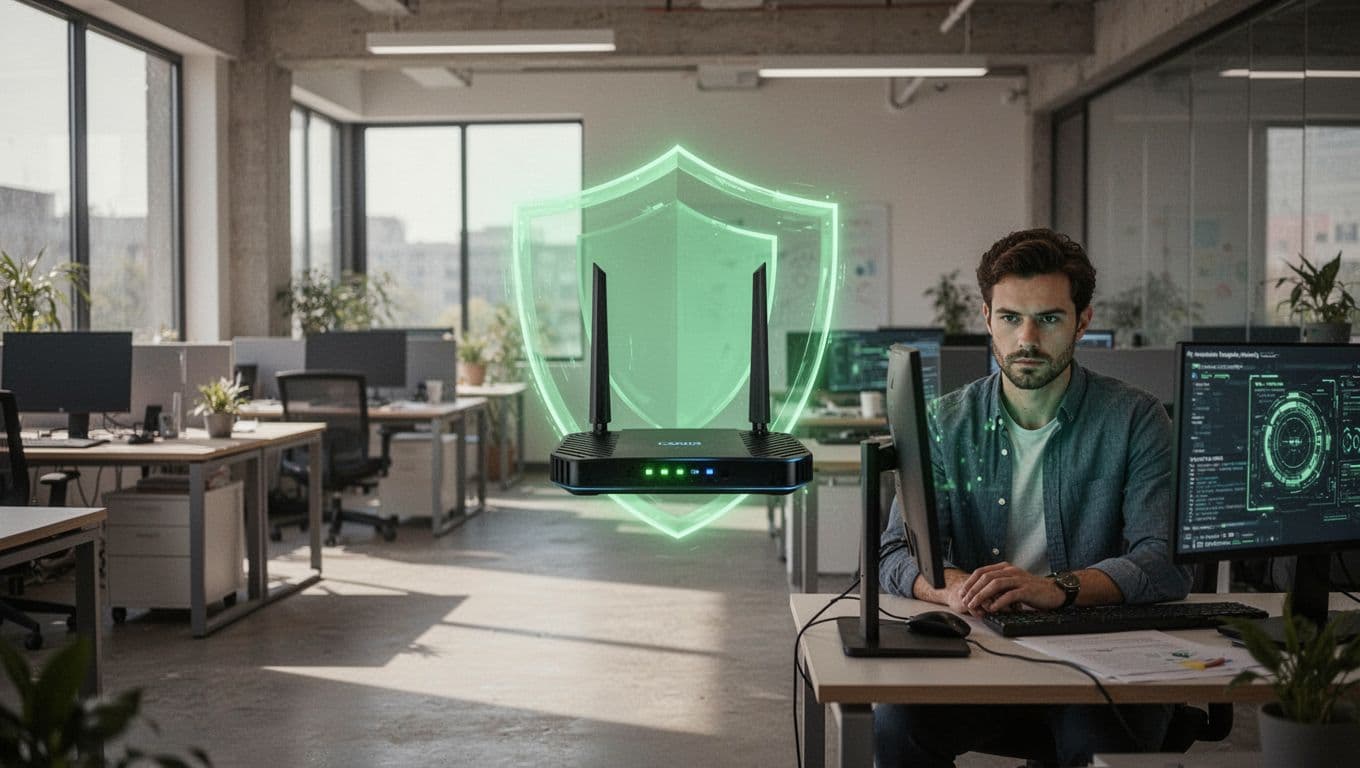 Central router with glowing green shields protects connected laptops and phones in an open-plan office, with one technician monitoring a nearby screen.