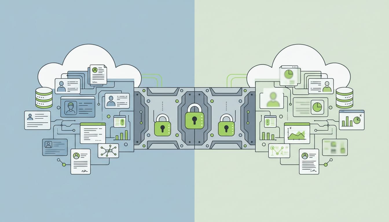 Two cloud environments side by side, separated by locked barrier; left with real data icons, right with fake placeholders.