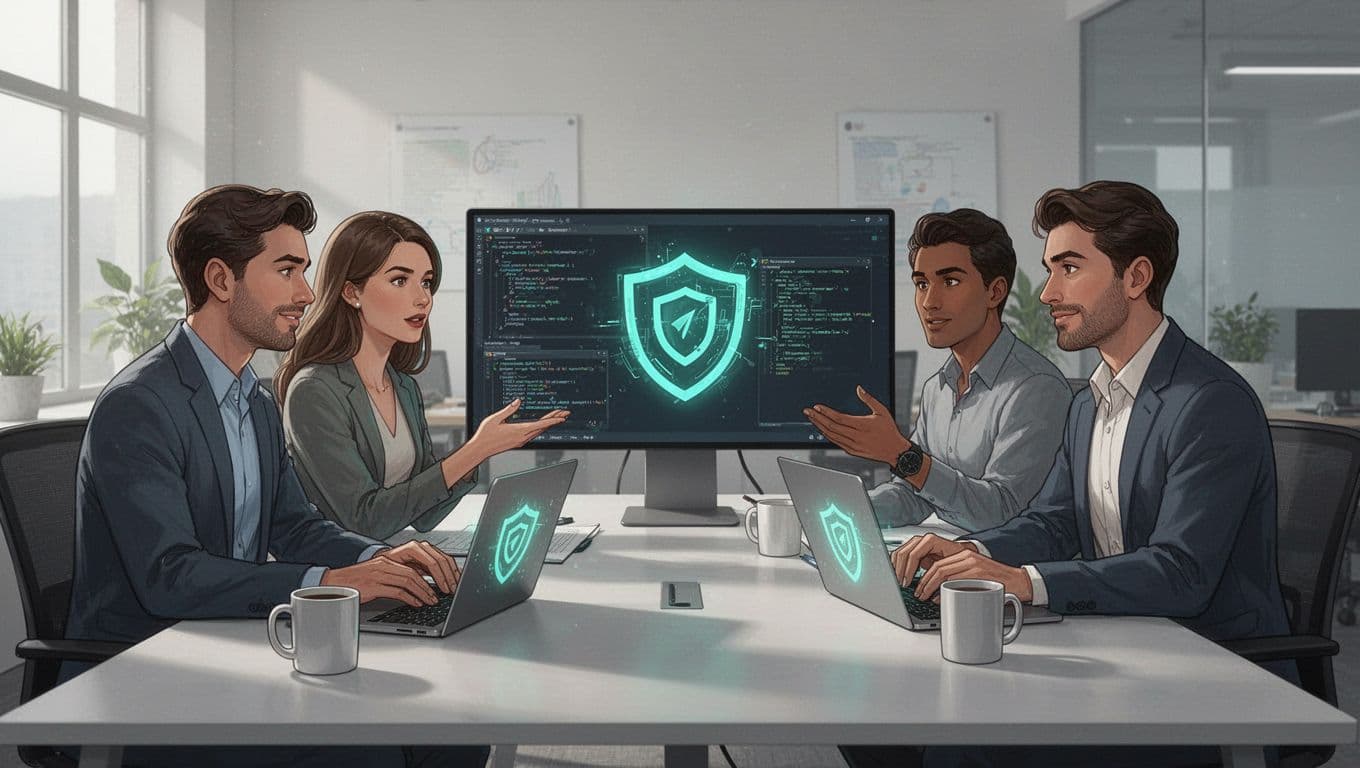 Three R&D team members collaborate via encrypted shared screen on VPN laptops in hybrid office with coffee mugs.
