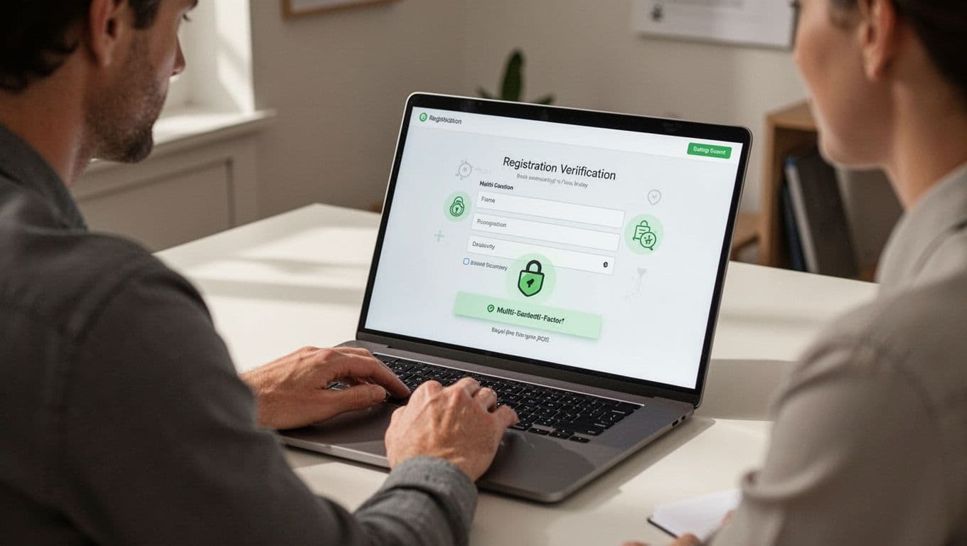 Computer screen shows registration form with MFA, email verification, and bot shield; user hand typing in home office.