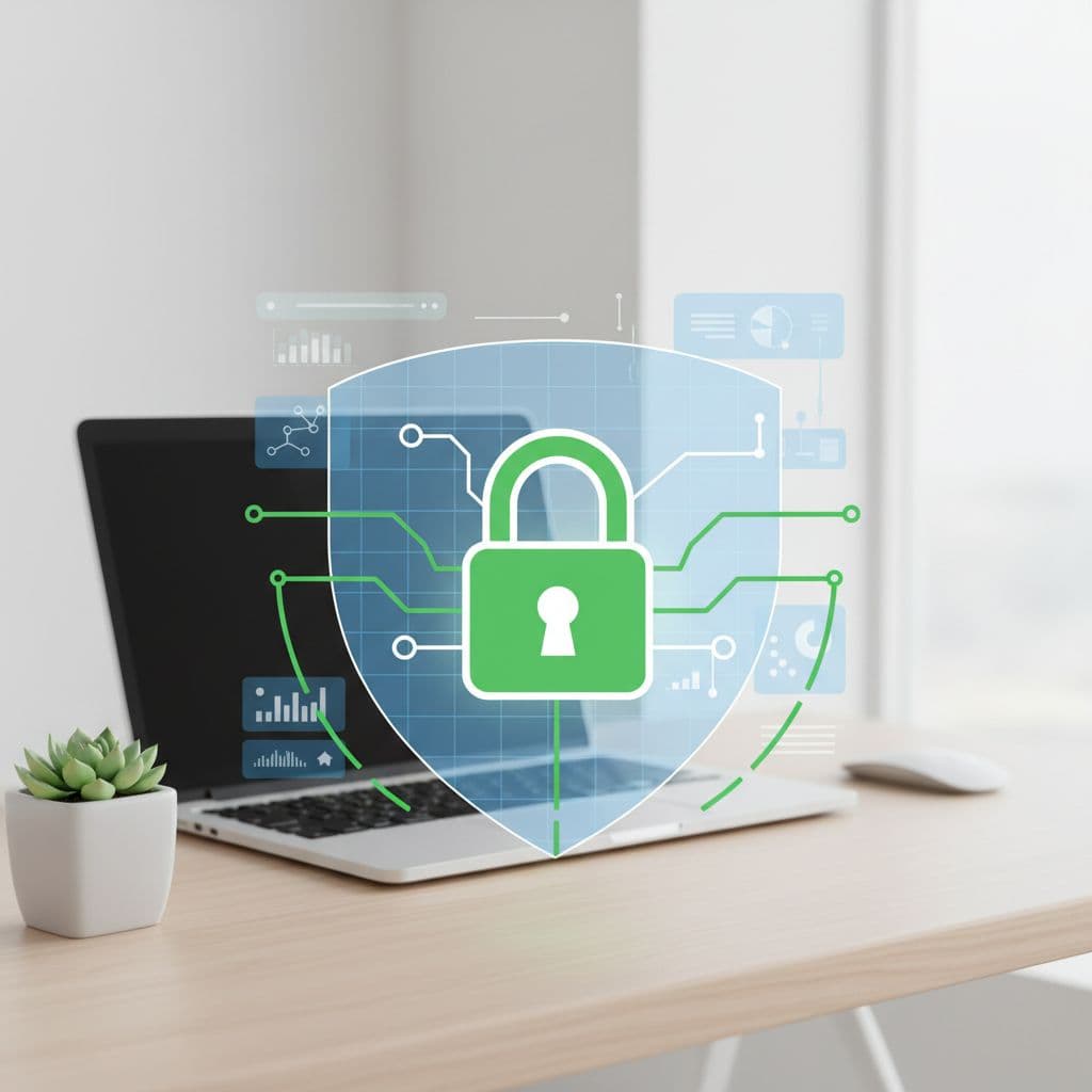 Digital interface features secure lock icon over clean workspace with laptop.