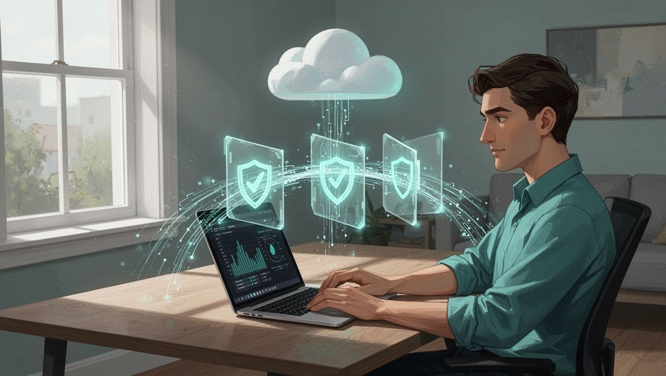 Remote contractor at home desk connects laptop to corporate cloud through verification gates for device, location, and MFA checks.