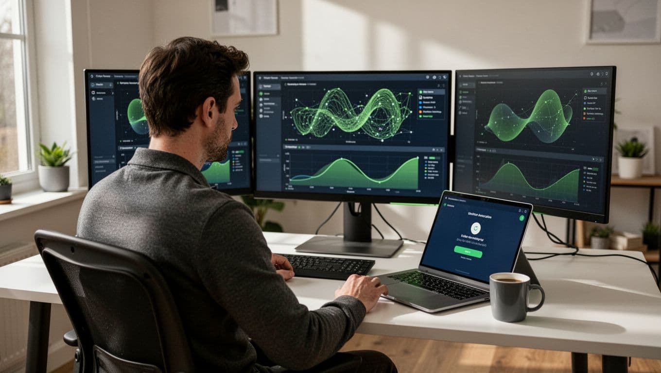 Security professional at home desk with dual monitors showing dashboards, angled MFA laptop, coffee mug, and VPN icon.