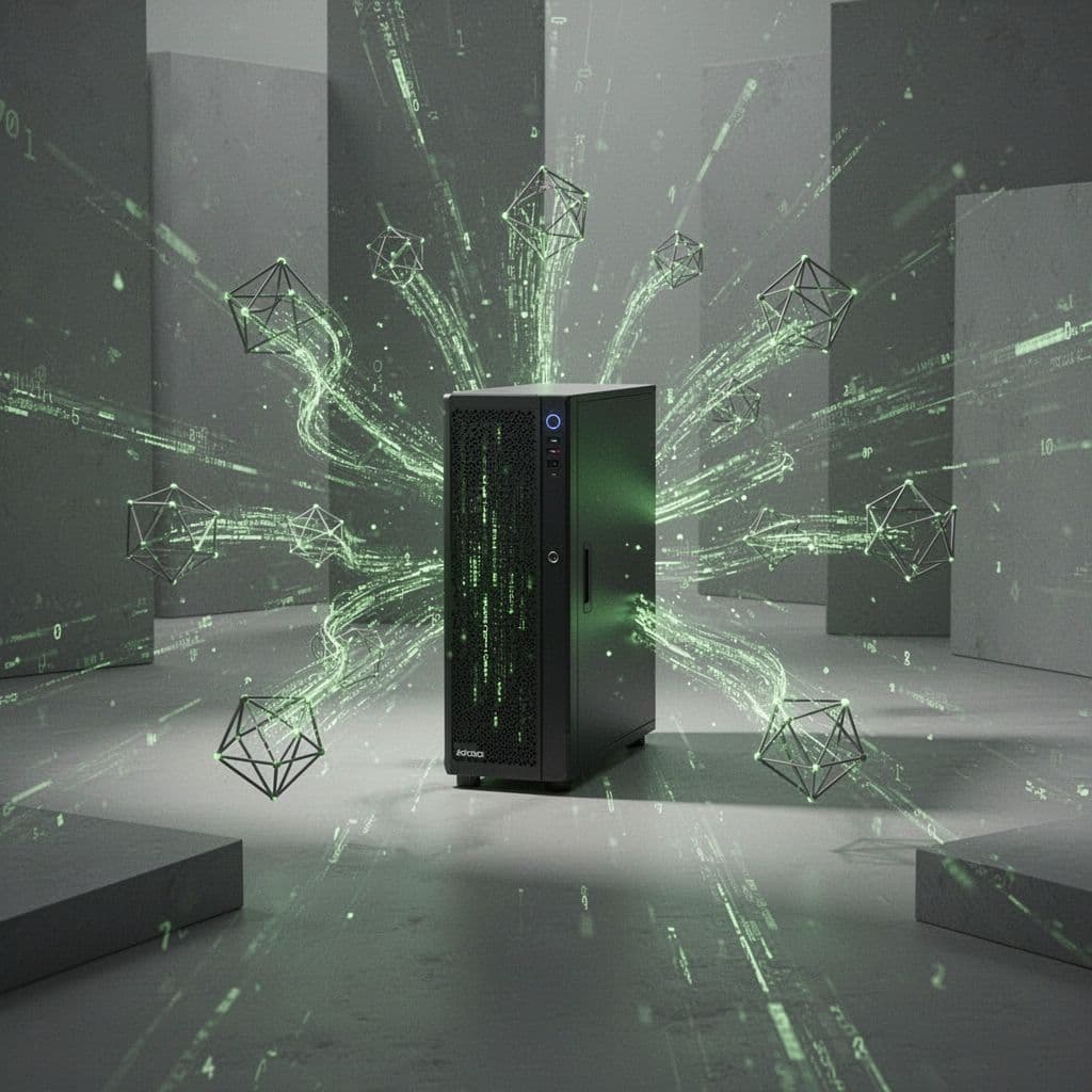 Central server icon with glowing nodes and protected data flows in green-gray tones.
