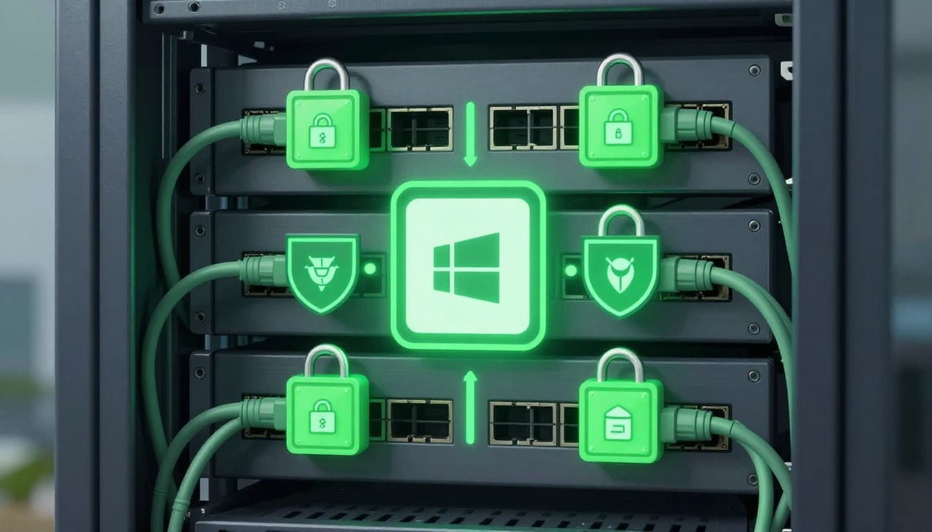 Server rack holds Windows file server amid network cables, green glowing locks secure SMB port 445, digital shields block threats.