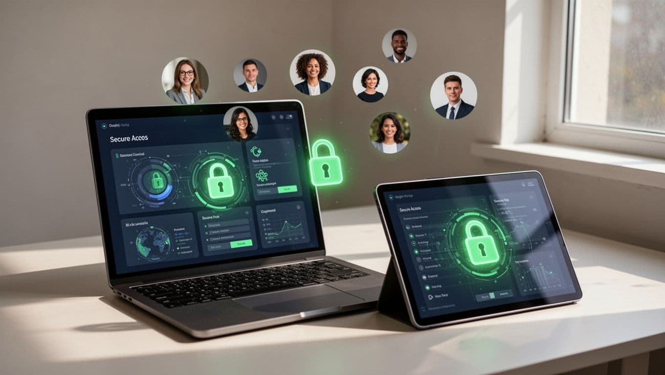 Team avatars connect on shared dashboard with green locks for access controls, viewed across two devices.